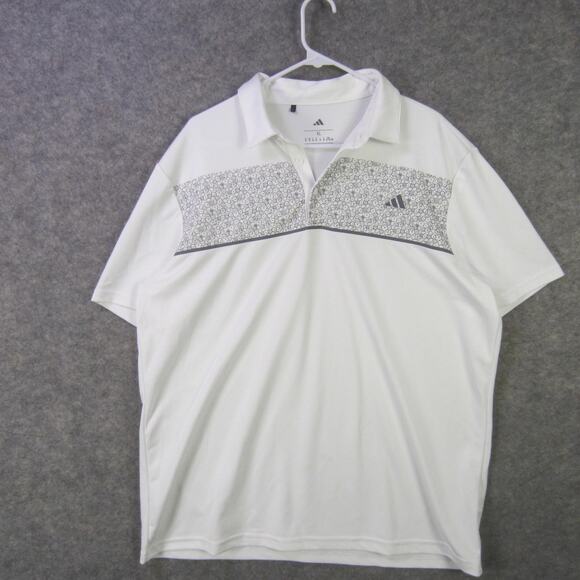 Adidas Polo Shirt Mens XL White Floral Chest Stripe Short Sleeve Golf Athletic - Picture 1 of 8